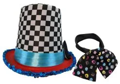 The Dragons Den Adults Mad Hatter Checkered Top Hat & Cravat Wonderland Fancy Dress Costume Accessory [One Size]