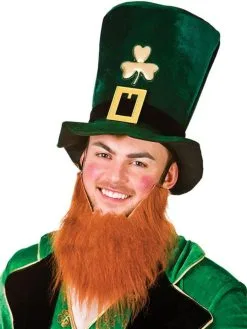 The Dragons Den Irish Leprechaun St. Patricks Day Green Velvet Top Hat With Ginger Beard Fancy Dress