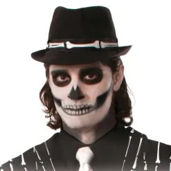 The Dragons Den Adults Black & White Skeleton Day Of The Dead Fedora Fancy Dress Hat