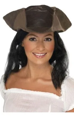 The Dragons Den Brown Pirate Hat With Hair Pirate's Fancy Dress Cap