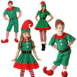 Cosplay&ware Christmas Elves Costumes Women Halloween Costume Long Sleeve Green And Red Girl Elf Dress Kids