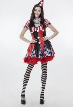 QUGUDUAN Dressheadwear Circus Funny Harley Quinn Costume Women Uniform Female Clown Cosplay Carnival Halloween Black Red Set Costumes