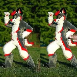 Cosplay&ware Halloween Fursuit Adult Kid Unisex Grey Long Fur Dog Fox Furry Mascot Costume Cosplay Dress Outdoor Outfit