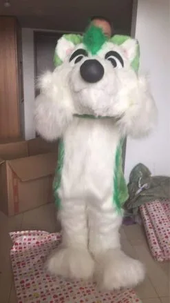 Cosplay&ware Long Fur Green Dog Mascot Costume Fursuit Cosplay Party Fancy Dress Outfits Advertising Promotion Carnival Halloween Xmas