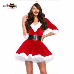 Cosplay&ware Christmas Dress Women Costume Adult Red Velvet Fur Dresses Hooded Sexy Female Santa Claus