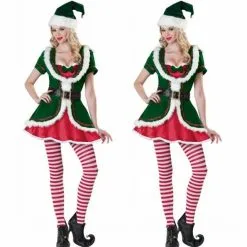 Cosplay&ware Christmas Cosplay Elf Costume Sexy Green And Red Dress Belt Headwear Adult Women Uniform Temptation Masquerade