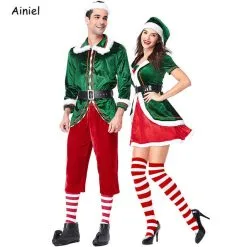 Ainiel Merry Christmas Dress Santa Claus Deluxe Velvet Cosplay Costumes Red Green Jacket Hat Belt Women Men