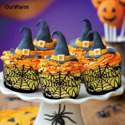 Cosplay&ware Ourwarm 12pcs Halloween Black Party Cupcake Wrappers Spider Witch Castle Laser Cut Cake Decorations Christmas Event
