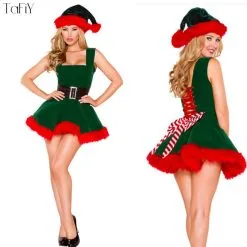 Cosplay&ware Tafiy Sexy Women Christmas Halloween Costume Sleeveless Blue And Red Girl Elf Dress Cosplay