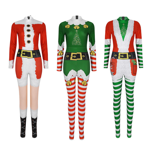 Cosplay&ware Tiaobug Women Long Sleeve Print Design Christmas Elf Costume Bodysuit Jumpsuit Female Xmas Fancy Cosplay Party Bodycon Catsuit 3 Cosplay&ware Tiaobug Women Long Sleeve Print Design Christmas Elf Costume Bodysuit Jumpsuit Female Xmas Fancy Cosplay Party Bodycon Catsuit