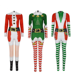 Cosplay&ware Tiaobug Women Long Sleeve Print Design Christmas Elf Costume Bodysuit Jumpsuit Female Xmas Fancy Cosplay Party Bodycon Catsuit