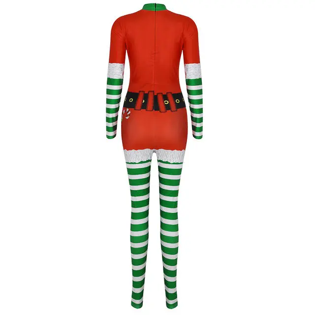 Cosplay&ware Tiaobug Women Long Sleeve Print Design Christmas Elf Costume Bodysuit Jumpsuit Female Xmas Fancy Cosplay Party Bodycon Catsuit 5 Cosplay&ware Tiaobug Women Long Sleeve Print Design Christmas Elf Costume Bodysuit Jumpsuit Female Xmas Fancy Cosplay Party Bodycon Catsuit - Image 3