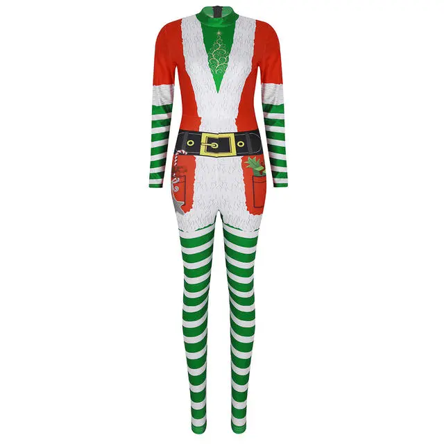 Cosplay&ware Tiaobug Women Long Sleeve Print Design Christmas Elf Costume Bodysuit Jumpsuit Female Xmas Fancy Cosplay Party Bodycon Catsuit 4 Cosplay&ware Tiaobug Women Long Sleeve Print Design Christmas Elf Costume Bodysuit Jumpsuit Female Xmas Fancy Cosplay Party Bodycon Catsuit - Image 2
