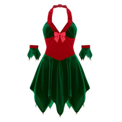 Cosplay&ware Tiaobug Women Soft Velvet Halter Christmas Elf Costume Fancy Dress Arm Cuffs Set Female Cosplay Party Up