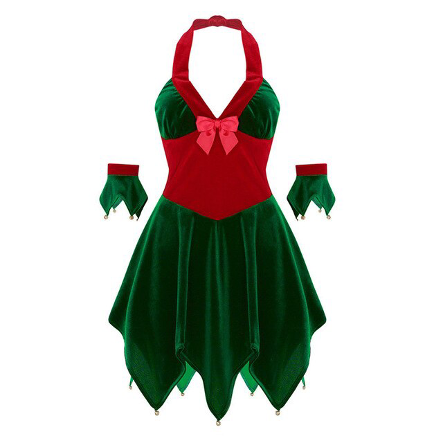 Cosplay&ware Tiaobug Women Soft Velvet Halter Christmas Elf Costume Dress Arm Cuffs Set Female Fancy Cosplay Party Up 3 Cosplay&ware Tiaobug Women Soft Velvet Halter Christmas Elf Costume Dress Arm Cuffs Set Female Fancy Cosplay Party Up