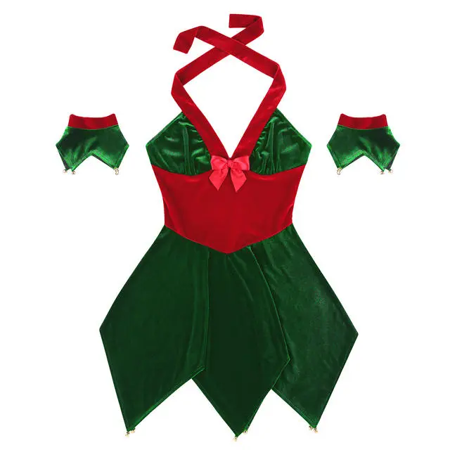 Cosplay&ware Tiaobug Women Soft Velvet Halter Christmas Elf Costume Dress Arm Cuffs Set Female Fancy Cosplay Party Up 6 Cosplay&ware Tiaobug Women Soft Velvet Halter Christmas Elf Costume Dress Arm Cuffs Set Female Fancy Cosplay Party Up - Image 4