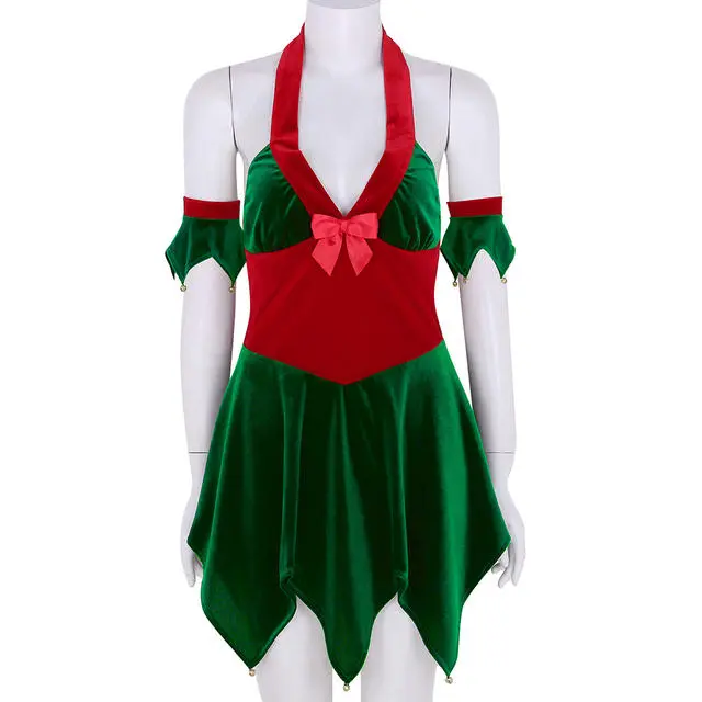 Cosplay&ware Tiaobug Women Soft Velvet Halter Christmas Elf Costume Fancy Dress Arm Cuffs Set Female Cosplay Party Up 4 Cosplay&ware Tiaobug Women Soft Velvet Halter Christmas Elf Costume Fancy Dress Arm Cuffs Set Female Cosplay Party Up - Image 2