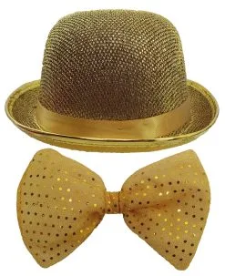 The Dragons Den Unisex Showman Ring Master Gold Bowler Hat & Gold Sequin Bow Tie [One Size]