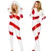 TOLINA Cosplay Women Deluxe Sexy Santa Candy Hooded Jumpsuit Costume Miss Claus Christmas Xmas Sweet White Red Stripe Fancy Dress