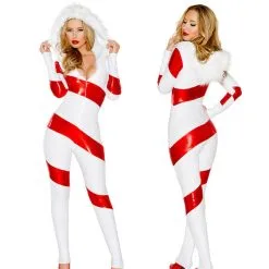 TOLINA Cosplay Women Deluxe Sexy Santa Candy Hooded Jumpsuit Costume Miss Claus Christmas Xmas Sweet White Red Stripe Fancy Dress